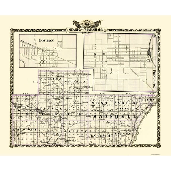 Historic County Map - Stark Marshall Counties Illinois - Warner 1870 - 23 x 28.06 - Vintage Wall Art