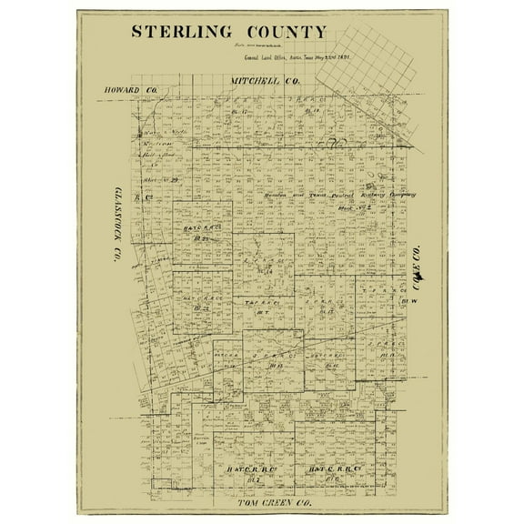 Historic County Map - Sterling County Texas - General Land Office 1891 - 23 x 31.03 - Vintage Wall Art