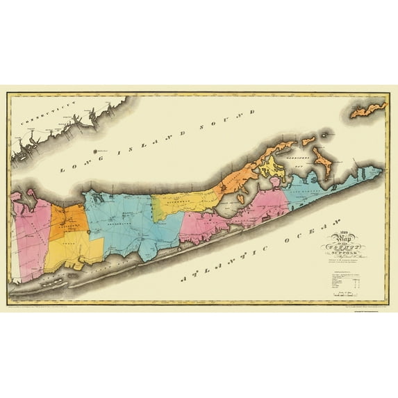Historic County Map - Suffolk County New York - Burr 1829 - Vintage Wall Art