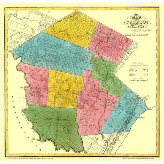 Historic County Map - Sullivan County New York - Burr 1829 - 23.75 x 23 - Vintage Wall Art
