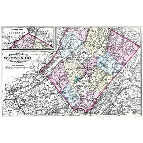 Historic County Map - Sussex County New Jersey - Beers 1872 - 35.06 x 23 - Vintage Wall Art