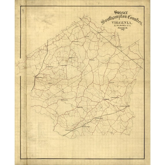 Historic County Map - Sussex County Virginia - Hotchkiss 1867 - Vintage Wall Art