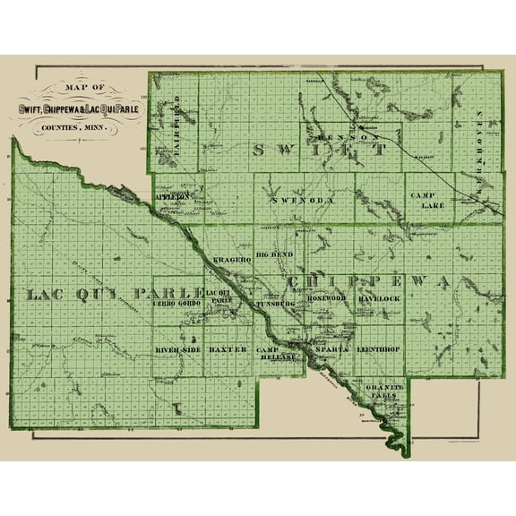 Historic County Map- Swift Chippewa Lac Qui Parle Counties Minnesota - Andreas 1874