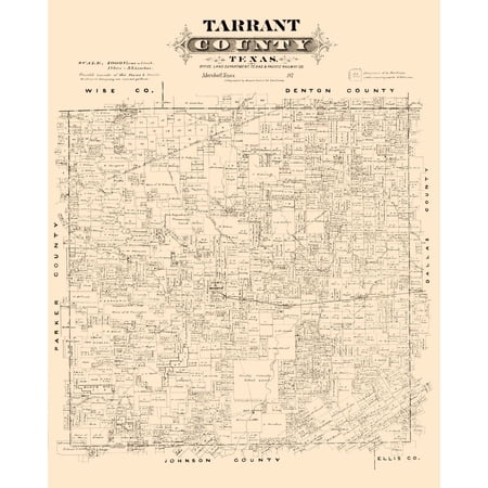 Historic County Map - Tarrant County Texas - Gast 1870 - Vintage Wall Art