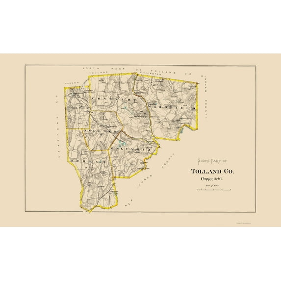 Historic County Map - Tolland County South Connecticut - Hurd 1893 - Vintage Wall Art