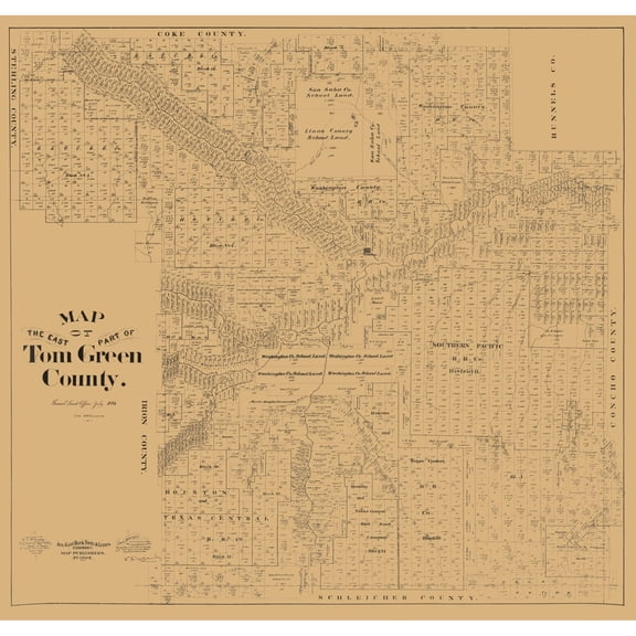 Historic County Map - Tom Green County East Texas - McGaughey 1894 - 24.17 x 23 - Vintage Wall Art