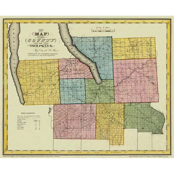 Historic County Map - Tompkins County New York - Burr 1829 - 28.06 x 23 - Vintage Wall Art