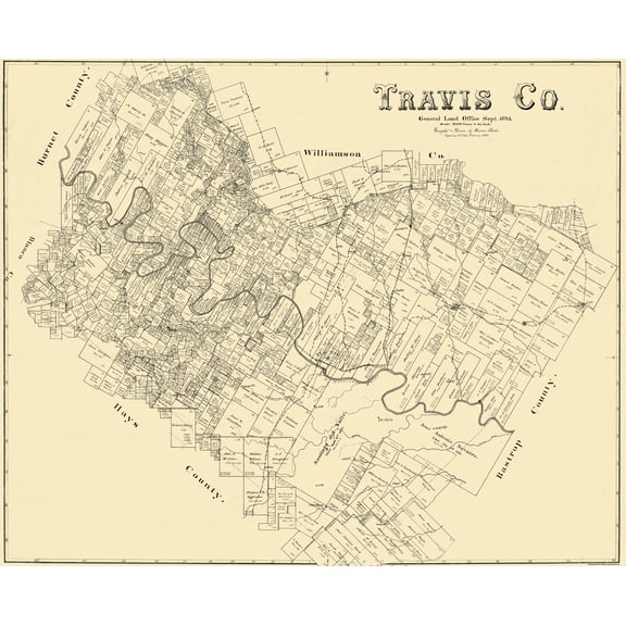 Historic County Map - Travis County Texas - General Land Office 1894 - 28.38 x 23 - Vintage Wall Art