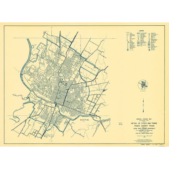 Historic County Map - Travis County Texas - Highway Department 1936 - Vintage Wall Art