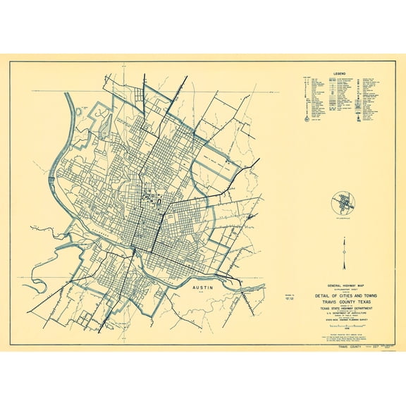 Historic County Map - Travis County Texas - Highway Department 1936 - 23 x 31.30 - Vintage Wall Art