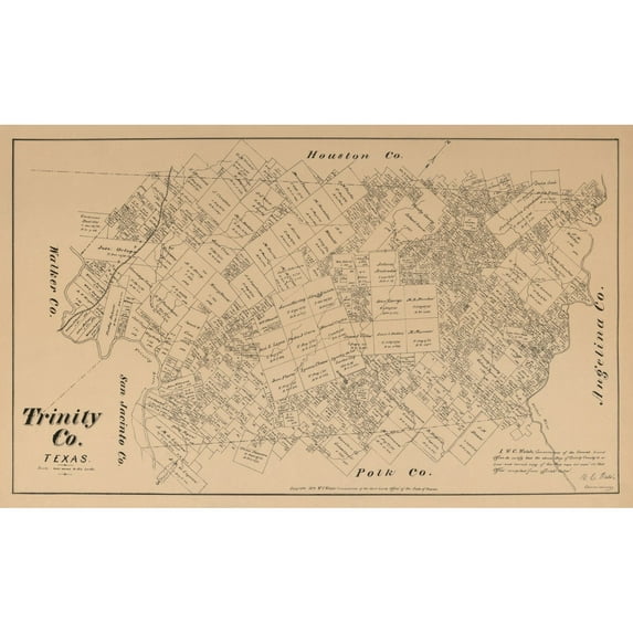 Historic County Map - Trinity County Texas - Walsh 1879 - 37.98 x 23 - Vintage Wall Art
