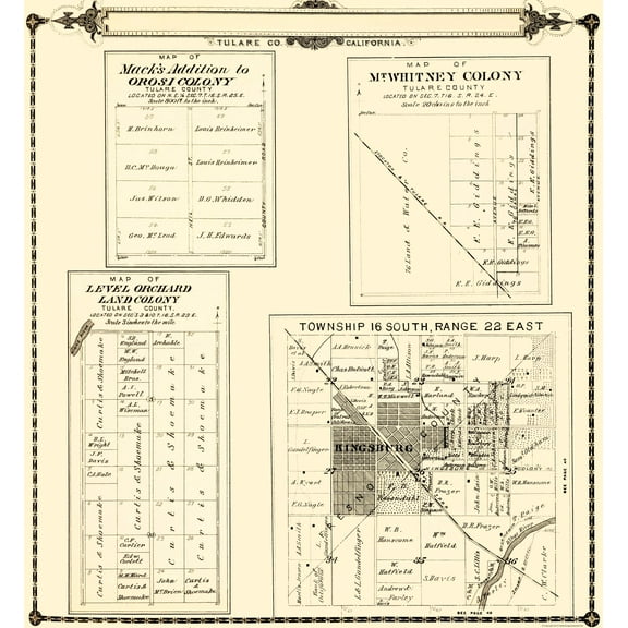 Historic County Map - Tulare County Colonies California - Thomas 1892 - 23 x 24.94 - Vintage Wall Art