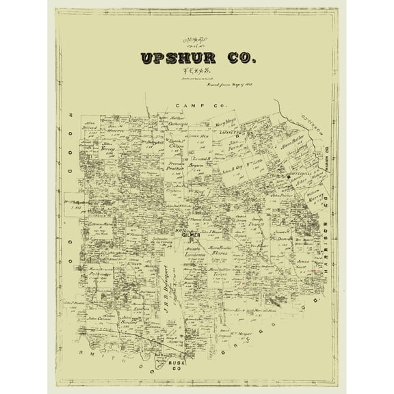 Historic County Map - Upshur County Texas - General Land Office 1873 - 23 x 30.28 - Vintage Wall Art