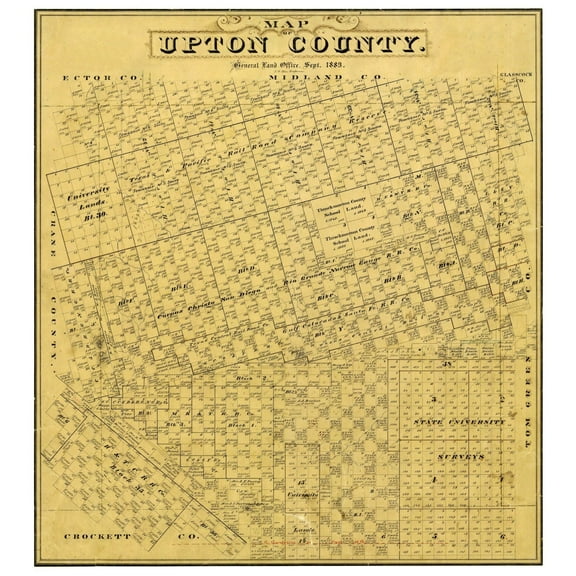 Historic County Map - Upton County Texas - Blau 1889 - 23 x 25.17 - Vintage Wall Art