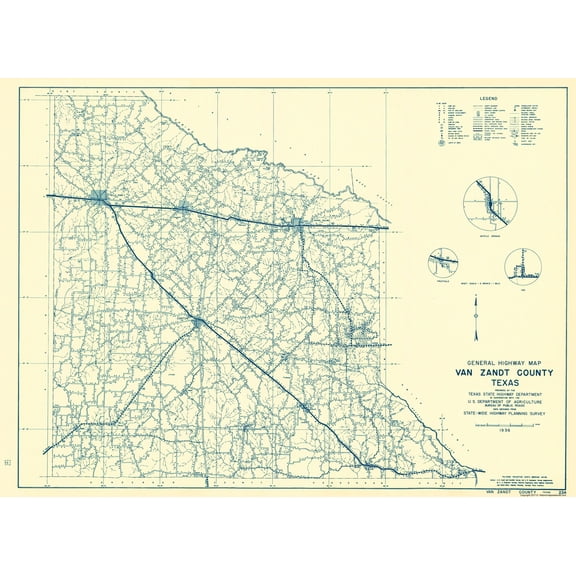 Historic County Map - Van Zandt County Texas - Highway Department 1936 - 23 x 31.60 - Vintage Wall Art