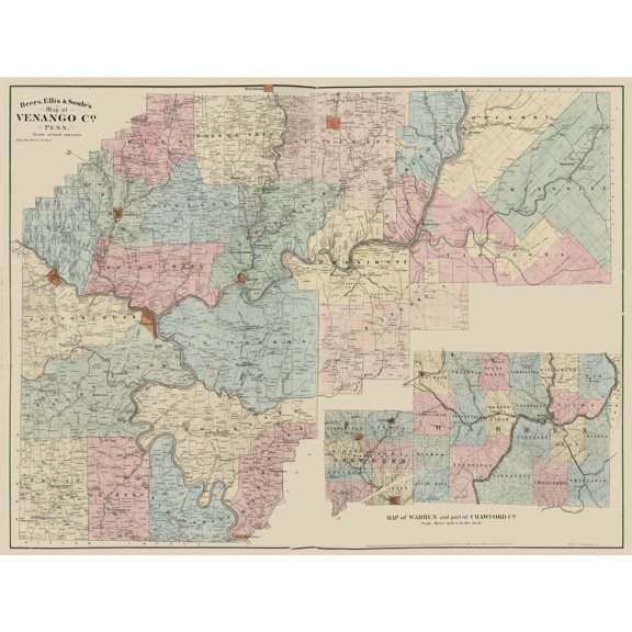 Historic County Map - Venango County Pennsylvania - Beers 1865 - 30.40 x 23 - Vintage Wall Art