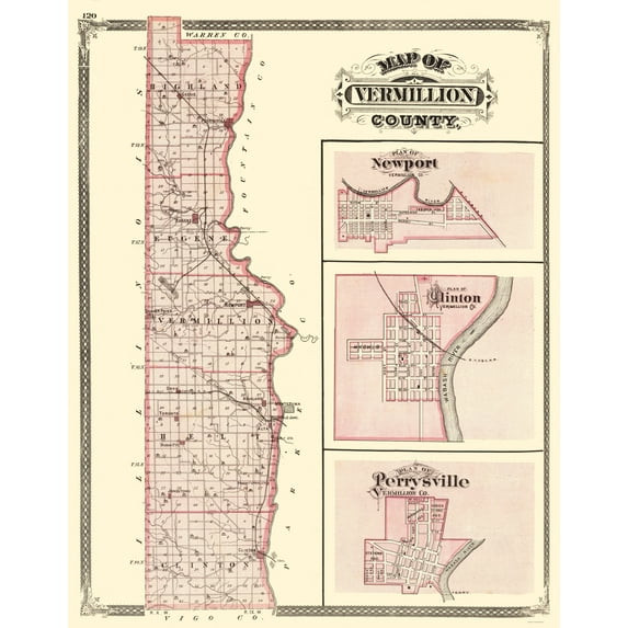 Historic County Map - Vermillion County Indiana - Baskin 1876 - 23 x 29.29 - Vintage Wall Art