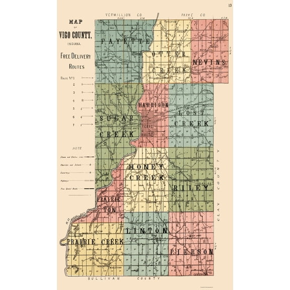 Historic County Map - Vigo County Indiana - Wisely 1907 - 23 x 37.78 - Vintage Wall Art