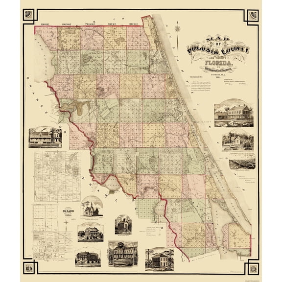 Historic County Map - Volusia County Florida - Rogers 1883 - Vintage Wall Art