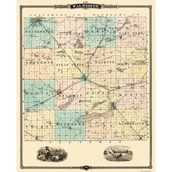 Historic County Map - Walworth County Wisconsin - Snyder 1878 - Vintage Wall Art