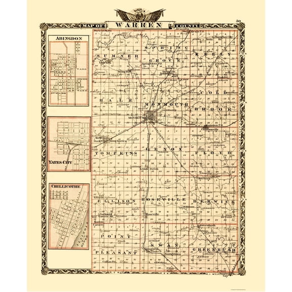 Historic County Map - Warren County Illinois - Warner 1870 - 23 x 28.18 - Vintage Wall Art