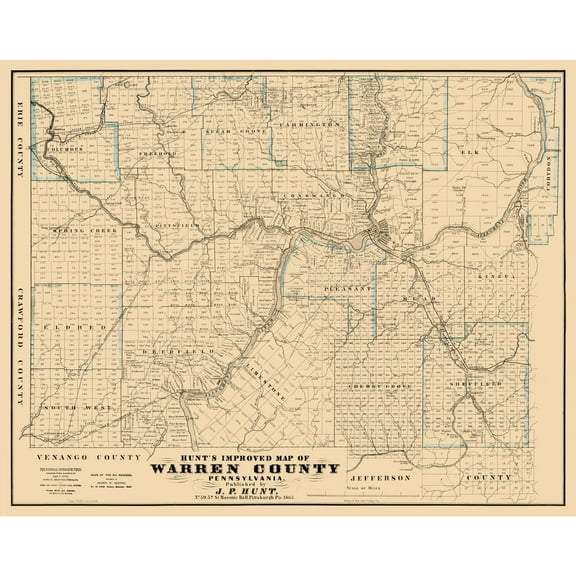 Historic County Map - Warren County Pennsylvania - Hunt 1865 - 29.02 x 23 - Vintage Wall Art
