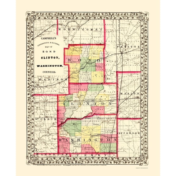 Historic County Map - Washington Bond Clinton Counties Illinois - Campbell 1870 - 23 x 28.04 - Vintage Wall Art