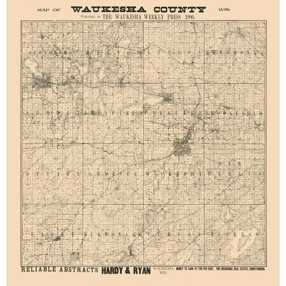 Historic County Map - Waukesha County Wisconsin - Hardy 1900 - 23 x 24.09 - Vintage Wall Art