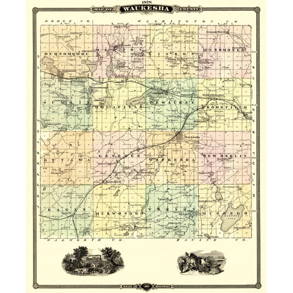 Historic County Map - Waukesha County Wisconsin - Snyder 1878 - 23 x 28 - Vintage Wall Art