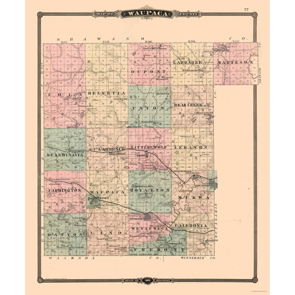 Historic County Map - Waupaca County Wisconsin - Snyder 1877 - Vintage Wall Art