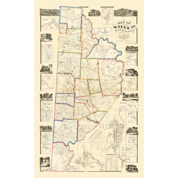 Historic County Map - Wayne County Pennsylvania - Converse 1860 - Vintage Wall Art