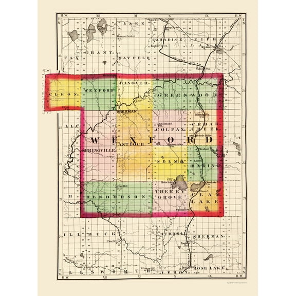 Historic County Map - Wexford County Michigan - Walling 1873 - Vintage Wall Art