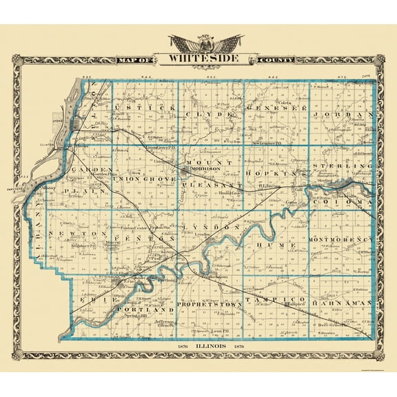 Historic County Map - Whiteside County Illinois - Warner 1876 - Vintage Wall Art