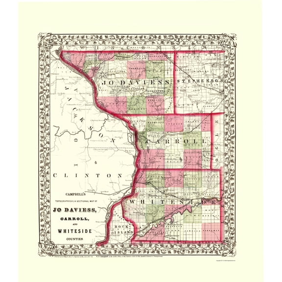 Historic County Map - Whiteside Jo Daviess Carroll Counties Illinois - Campbell 1870 - 23 x 26.36 - Vintage Wall Art