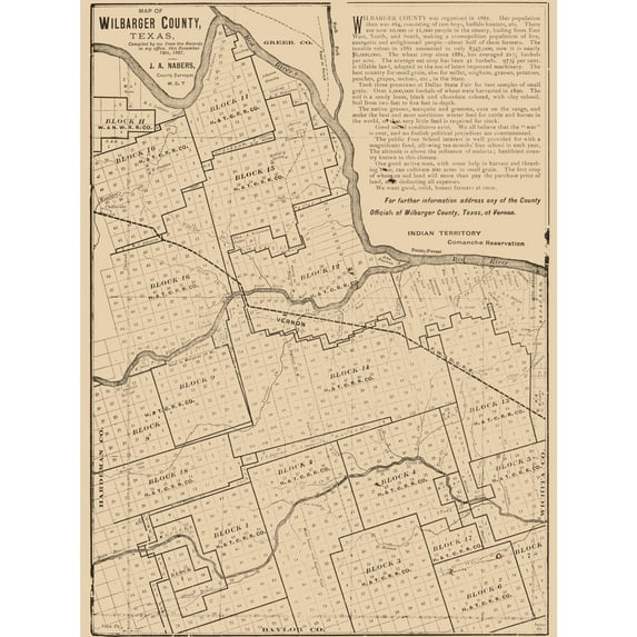 Historic County Map - Wilbarger County Texas - Nabers 1887 - Vintage Wall Art