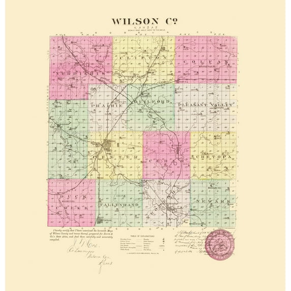 Historic County Map - Wilson County Kansas - Everts 1887 - 23 x 23.86 - Vintage Wall Art