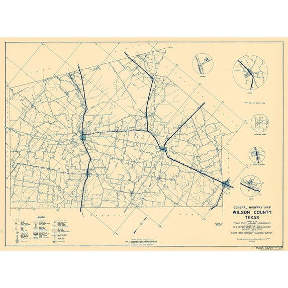 Historic County Map - Wilson County Texas - Highway Department 1936 - Vintage Wall Art