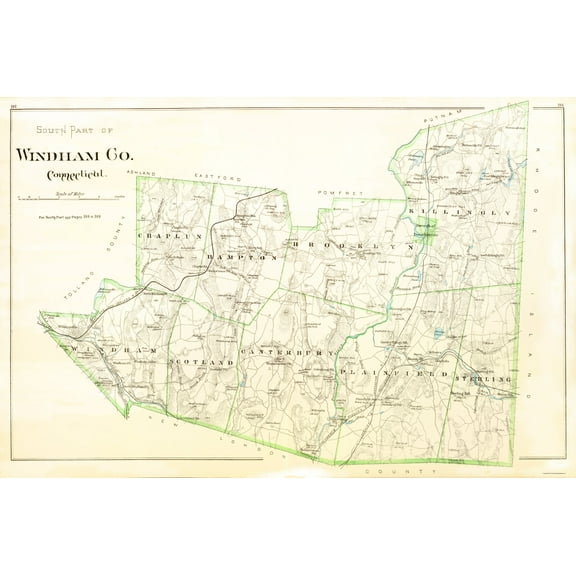 Historic County Map - Windham County South Connecticut - Hurd 1851 - 23 x 34.76 - Vintage Wall Art