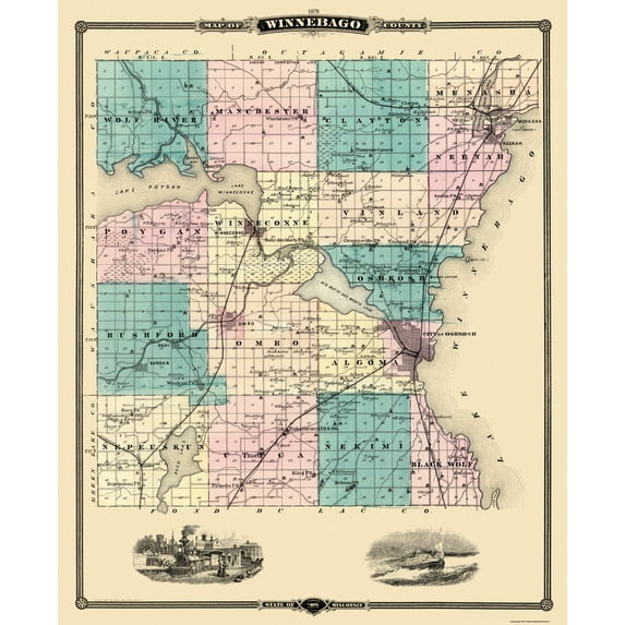 Historic County Map - Winnebago County Wisconsin - Snyder 1878 - 23 x 28.19 - Vintage Wall Art