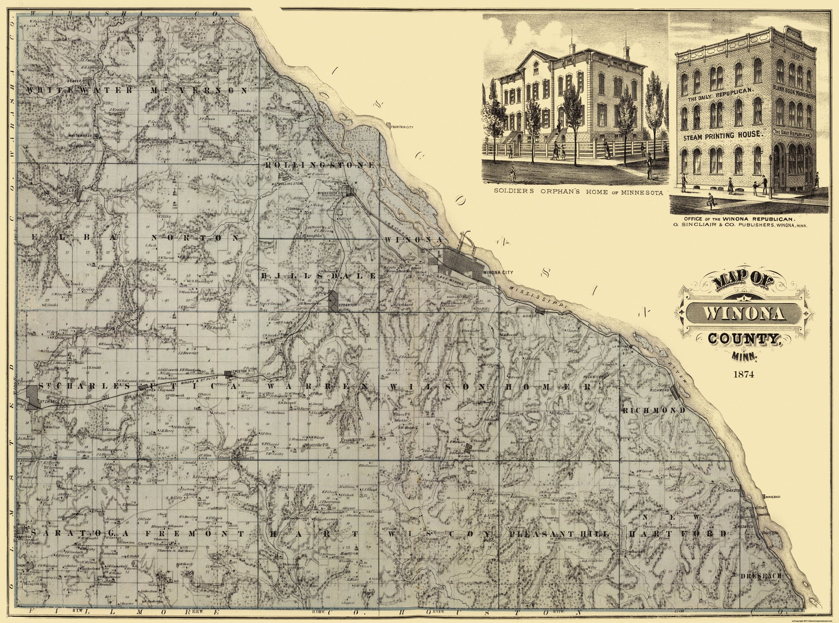 Historic County Map - Winona County Minnesota - Andreas 1874 - 31 x 23 ...
