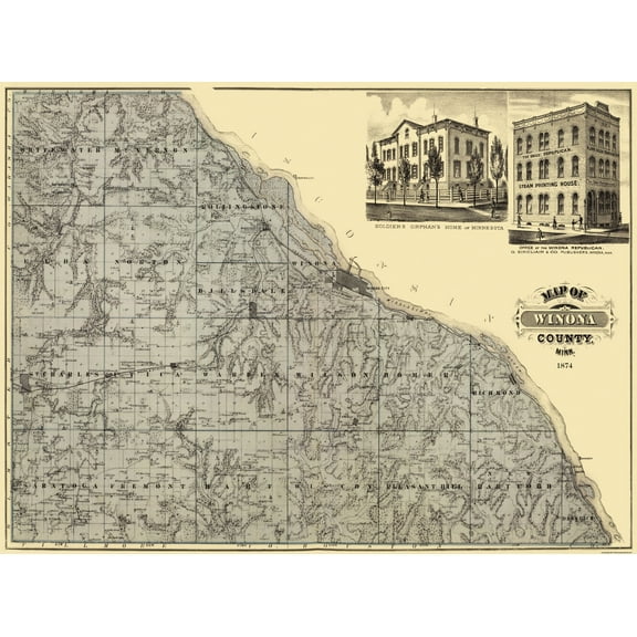Historic County Map - Winona County Minnesota  - Andreas 1874 - 31 x 23 - Vintage Wall Art