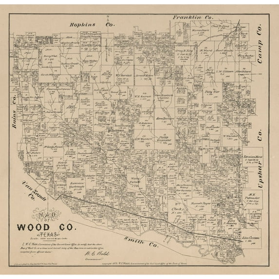 Historic County Map - Wood County Texas - Walsh 1879 - Vintage Wall Art