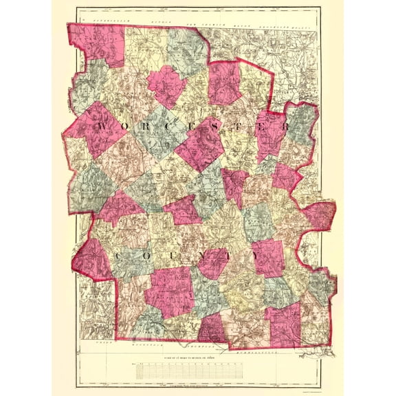 Historic County Map - Worcester County Massachusetts - Walling 1871 - 23 x 31.16 - Vintage Wall Art
