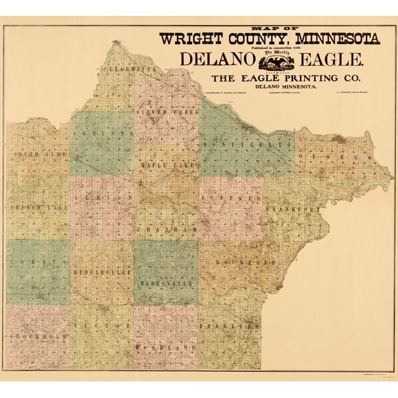 Historic County Map - Wright County Minnesota - Hixson 1901 - Vintage Wall Art