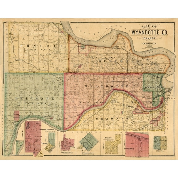 Historic County Map - Wyandotte County Kansas - Hopkins 1887 - 28.88 x 23 - Vintage Wall Art