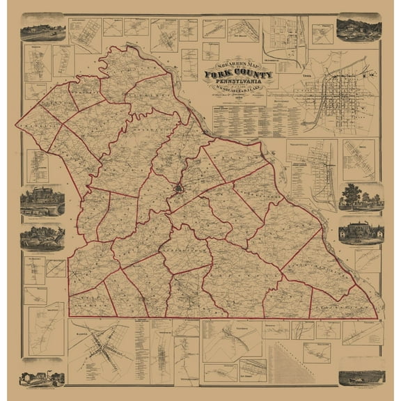 Historic County Map - York County Pennsylvania - Shearer 1860 - 23 x 23.84 - Vintage Wall Art