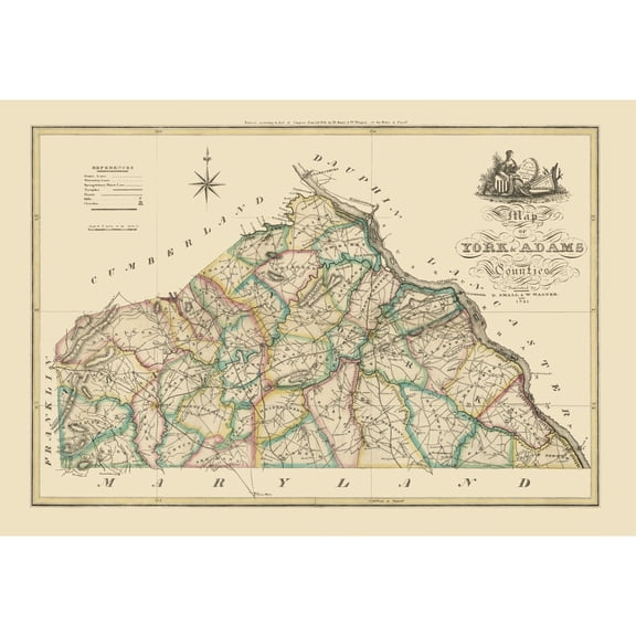 Historic County Map - York County Pennsylvania - Wagner 1821 - 33.53 x 23 - Vintage Wall Art