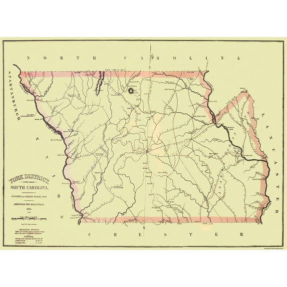 Historic County Map - York County South Carolina - Mills 1825 - Vintage Wall Art