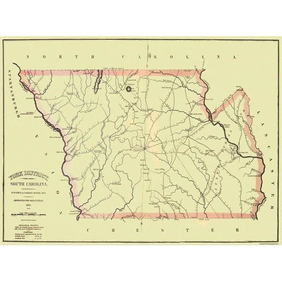 Historic County Map - York County South Carolina - Mills 1825 - 31 x 23 - Vintage Wall Art