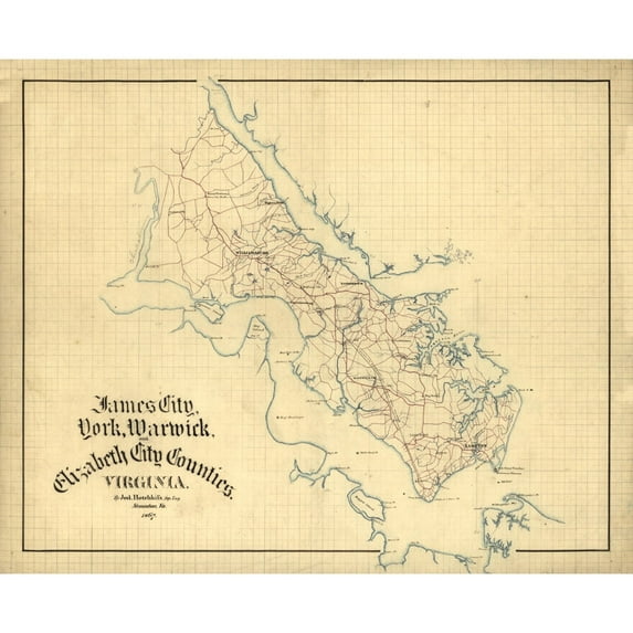 Historic County Map - York County Virginia - Hotchkiss 1867 - Vintage Wall Art